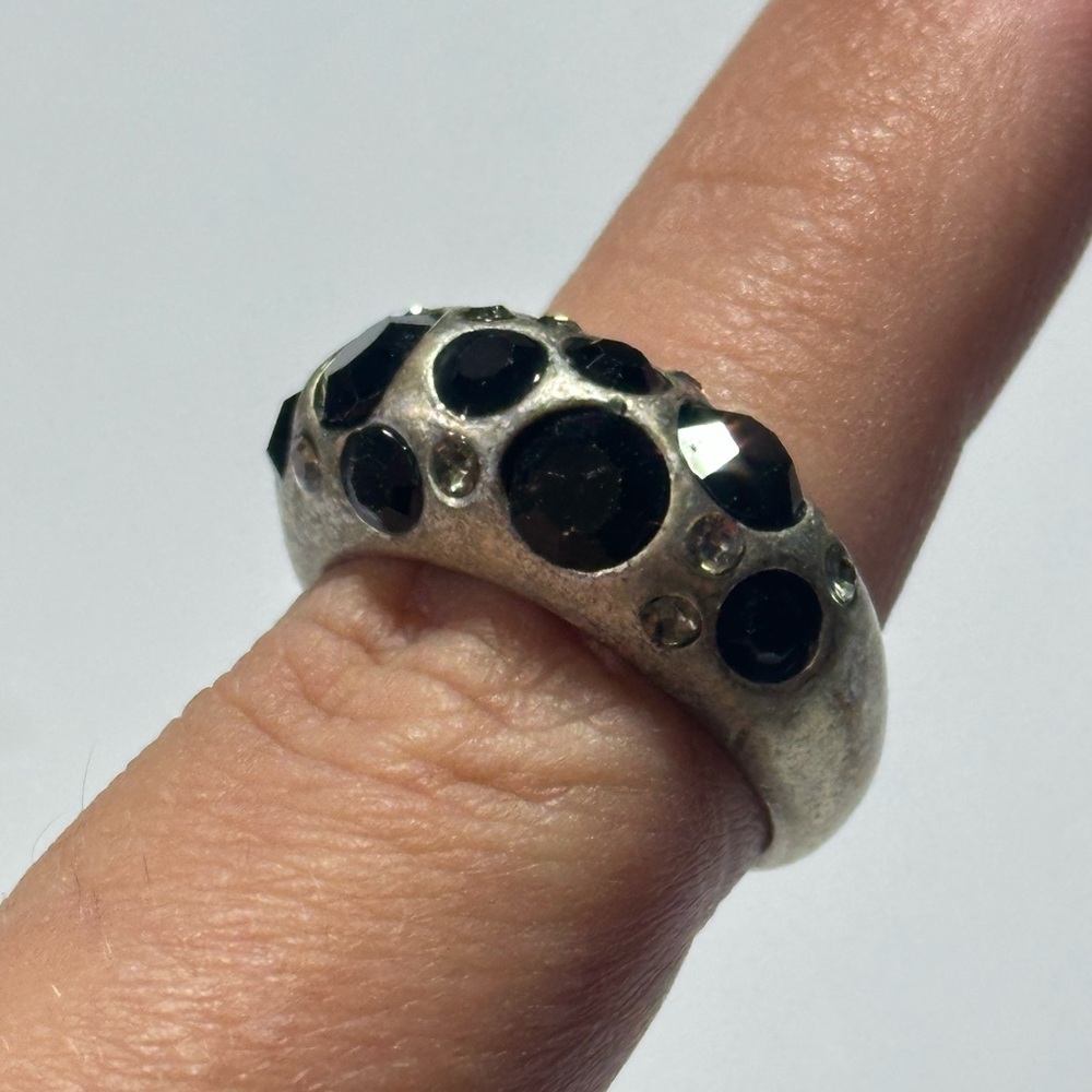 Lia Sophia Black Clear Rhinestone Antique Silvertone Ring Bling Y2K 90s Size 7
